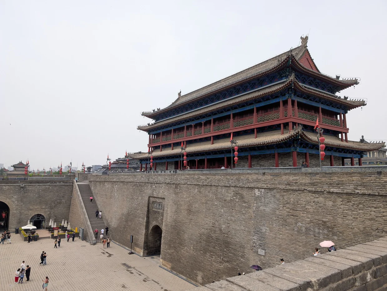 Xi'an ancient city wall gate tower with massive stone fortifications