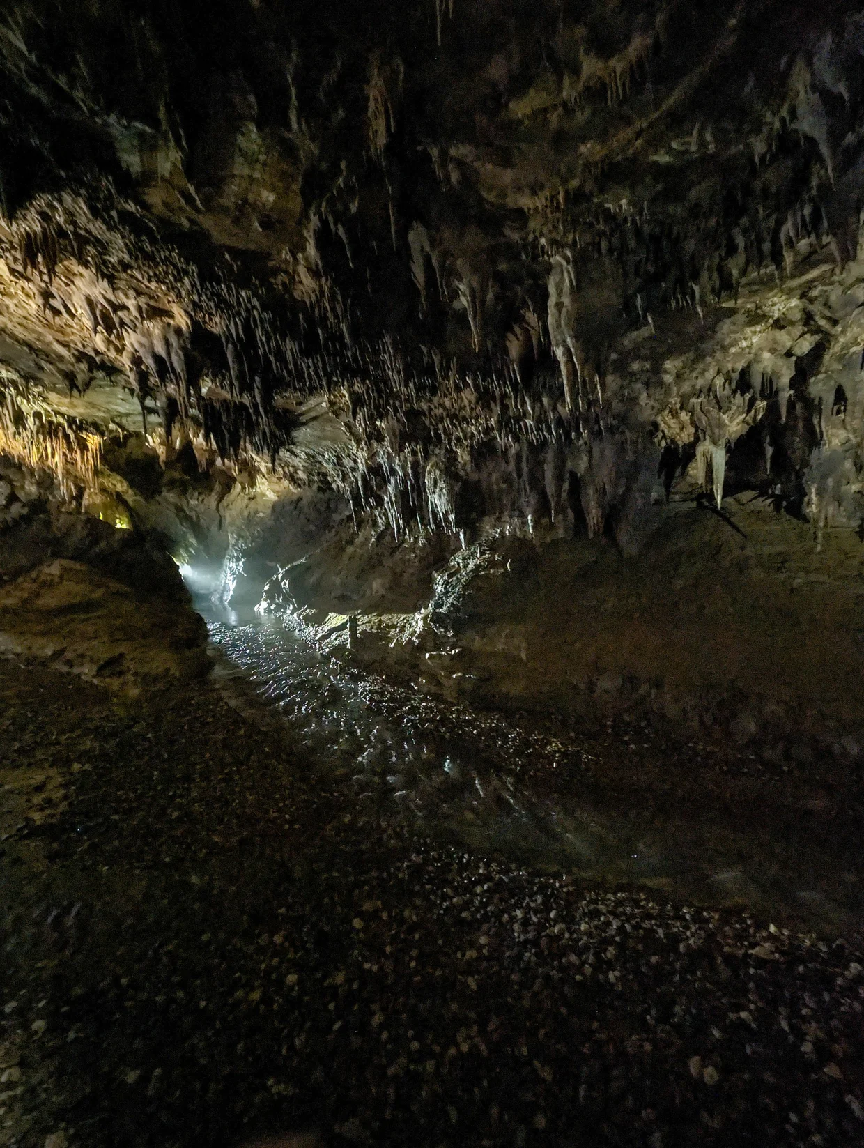 Dark cave passage with an underground stream