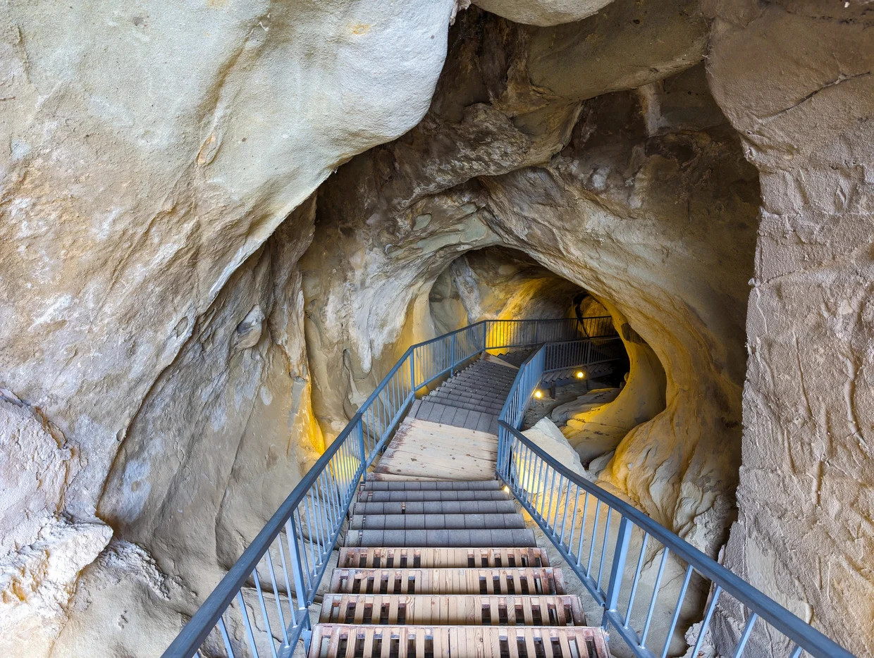 The stairway from a different angle, rock ceiling above