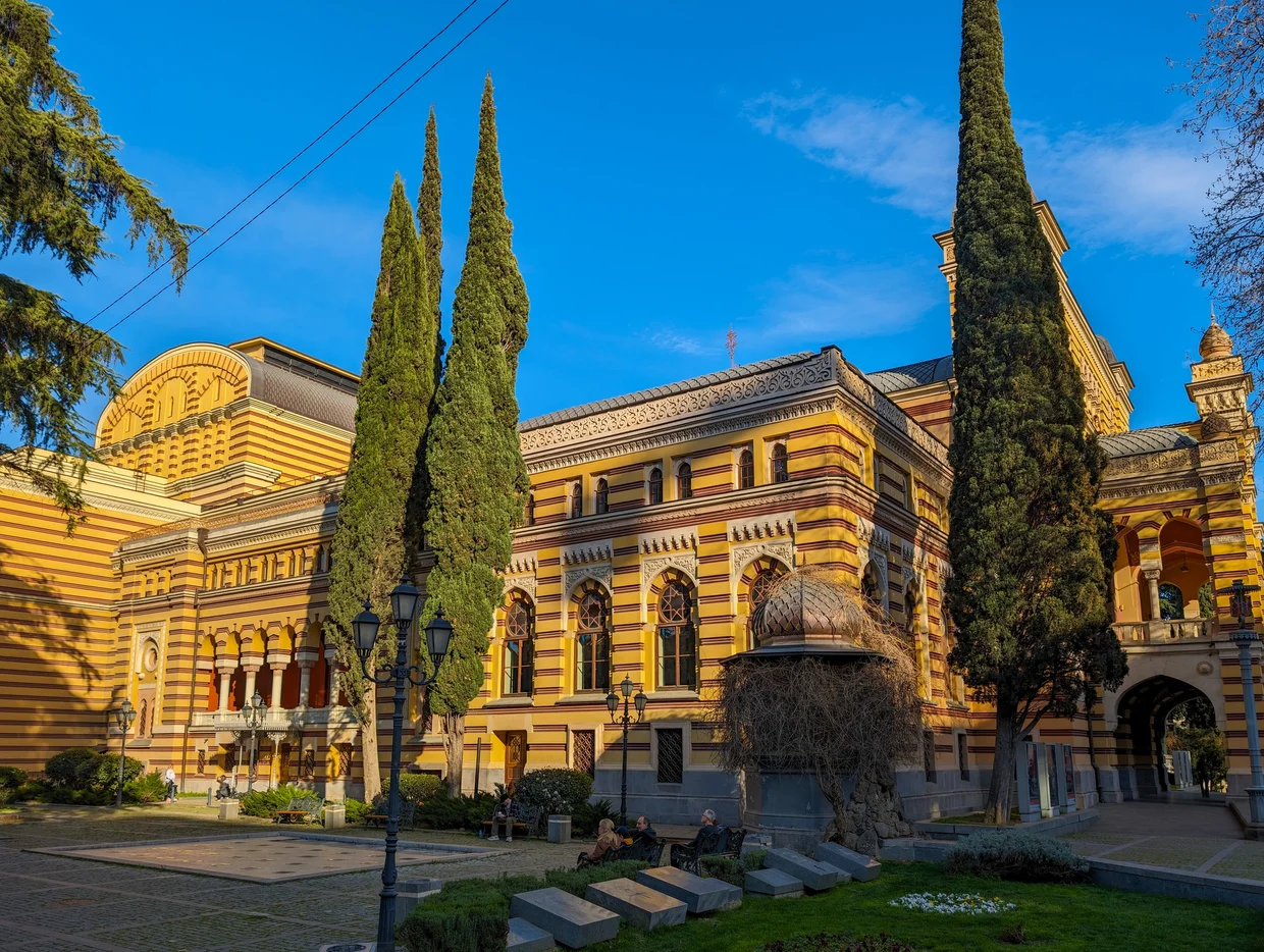 The Opera House from the garden side, cypress trees in front