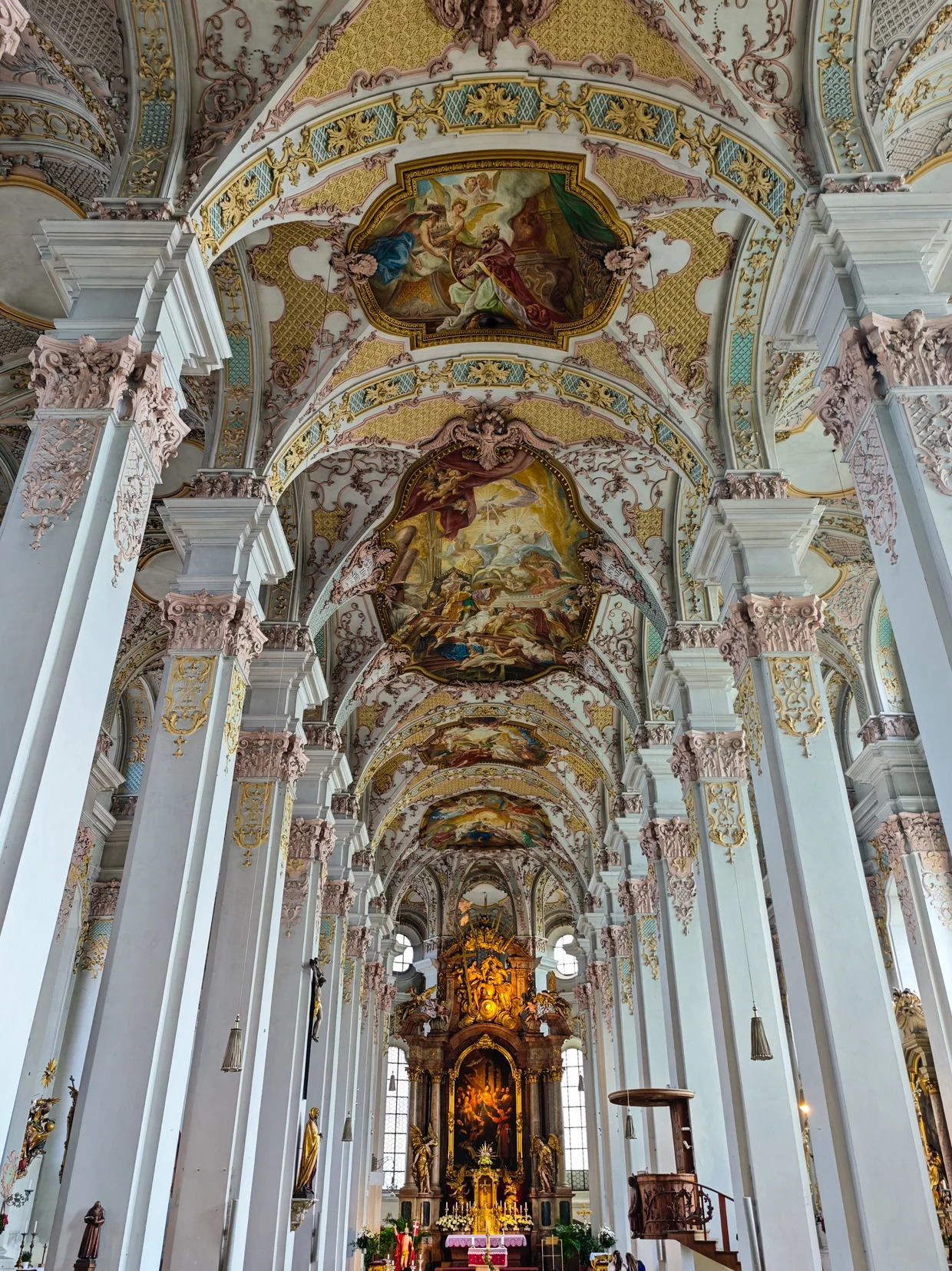 Baroque rococo interior of Heilig-Geist-Kirche with painted ceiling frescoes