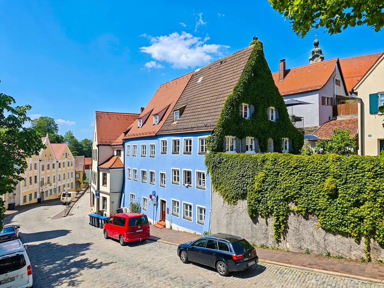 A steep cobbled street with blue and ivy-covered houses