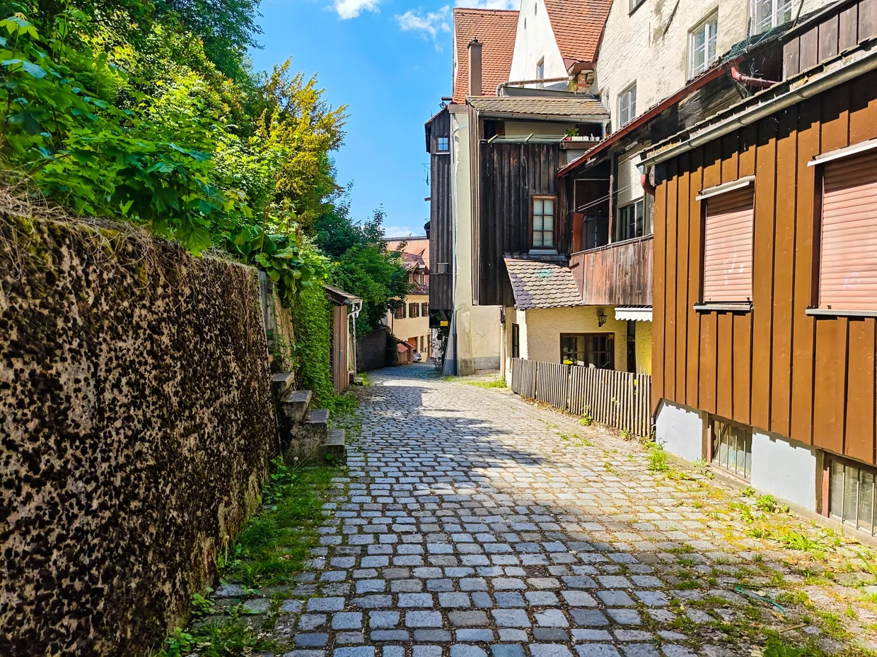 A quiet cobbled lane on a green slope