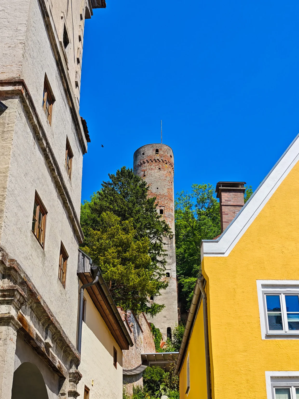 Tower with red dome in town