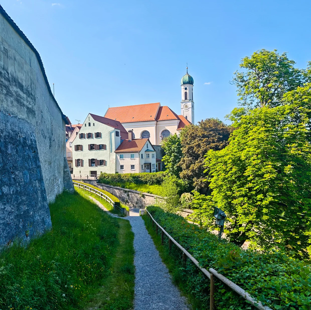 The city wall walk with the church behind