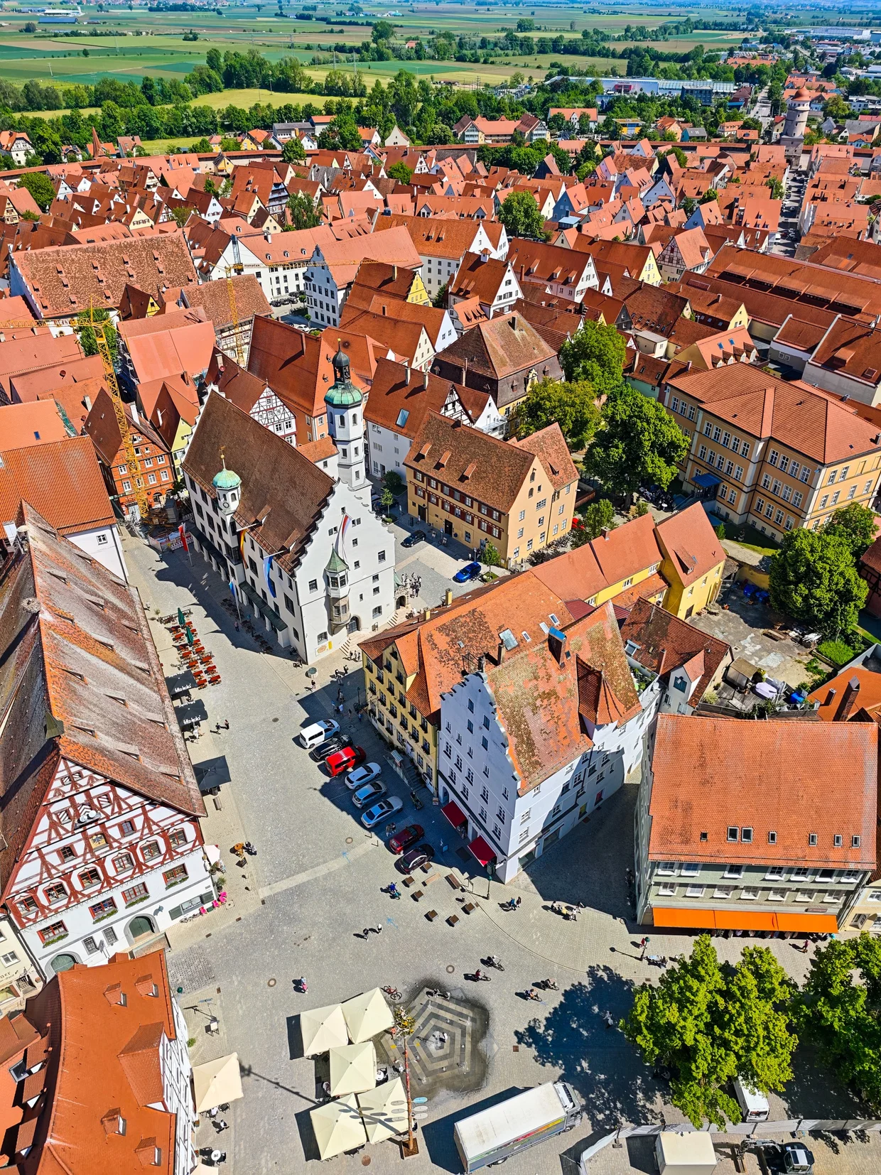 Aerial of Marktplatz with the town hall and market tents