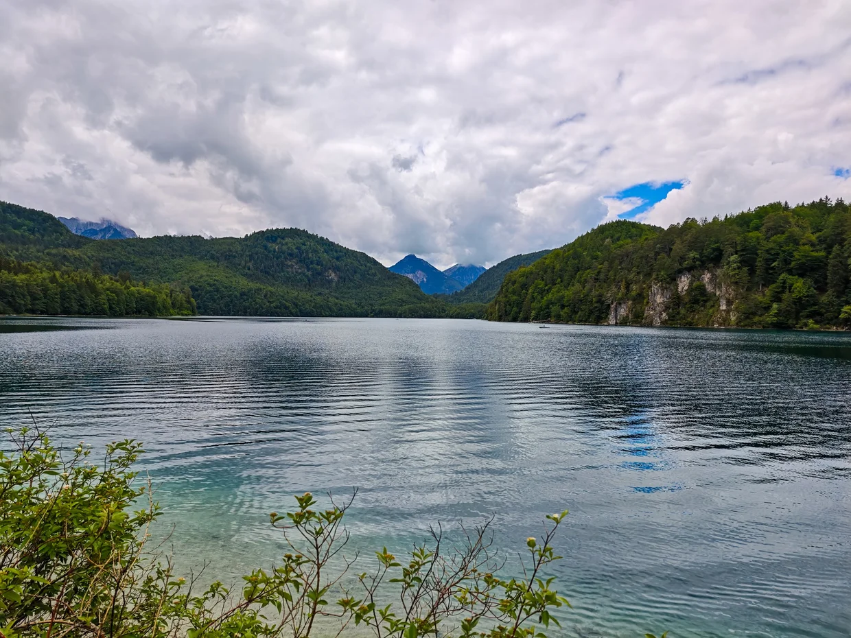The calm Alpsee under overcast skies