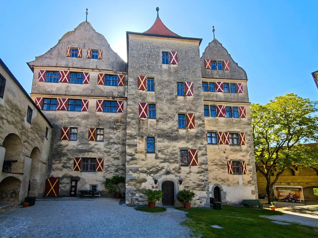 Schloss Harburg's main residential wing with the red-and-white crossed shutters