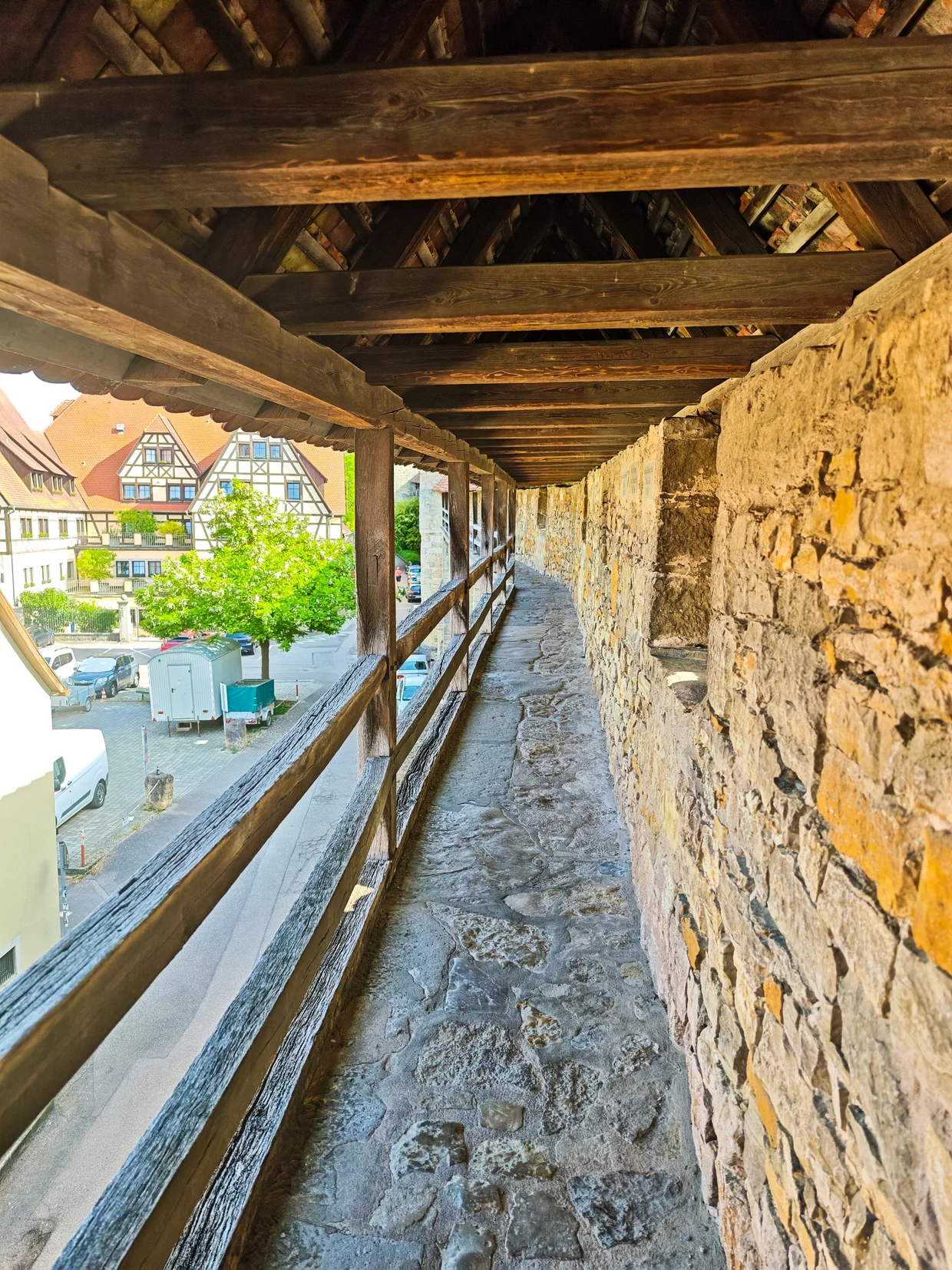 Inside the wall walk with views over half-timbered houses