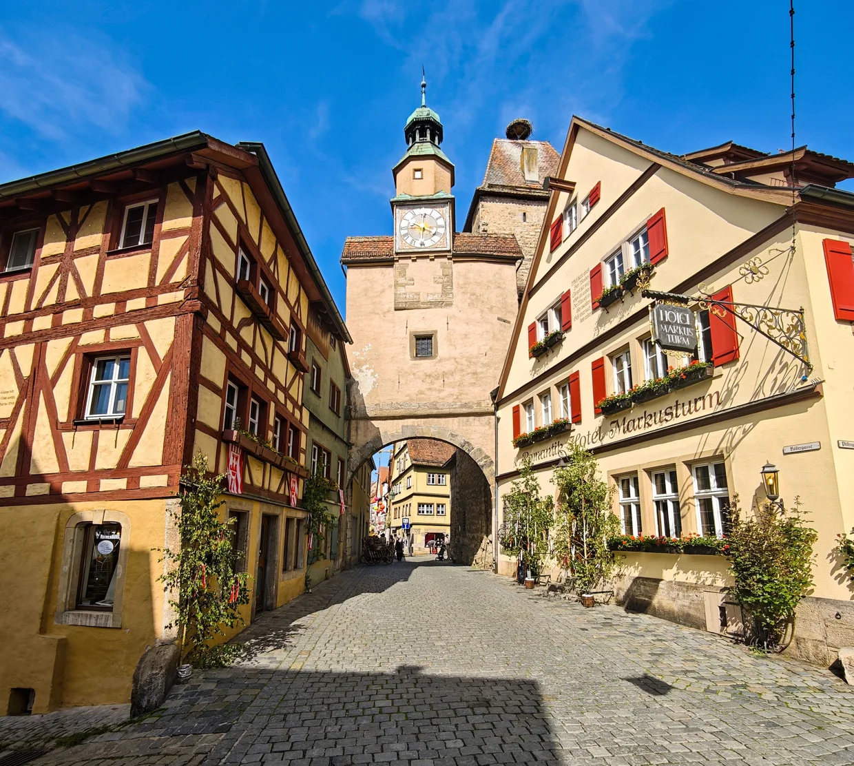 The Markusturm clock tower over the half-timbered houses