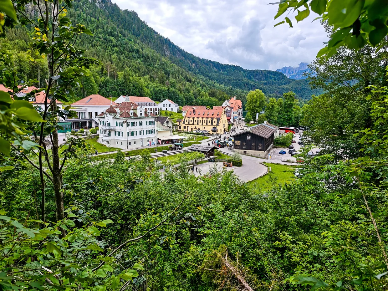 An elevated look down on the Hohenschwangau village hotels