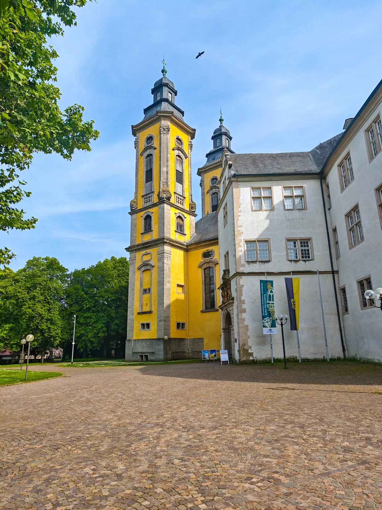 The yellow Schlosskirche with twin onion towers