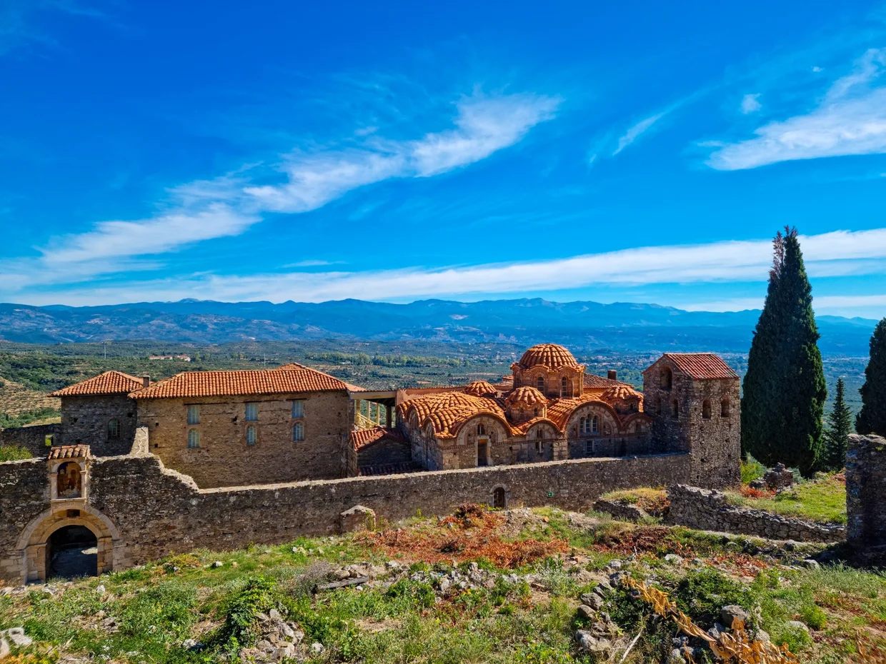 Byzantine monastery complex with red-tiled roofs at Mystras
