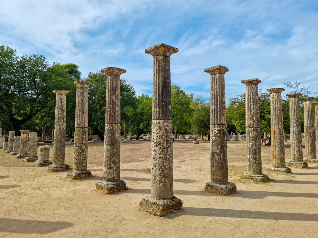 Palaestra columns at Ancient Olympia, a rectangular arrangement of reconstructed Doric columns
