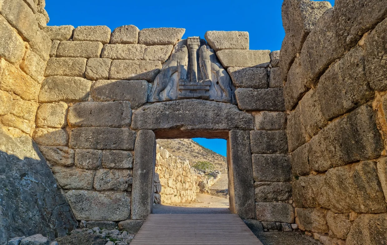 The Lion Gate of Mycenae, a massive stone entrance crowned with a relief of two lionesses flanking a column