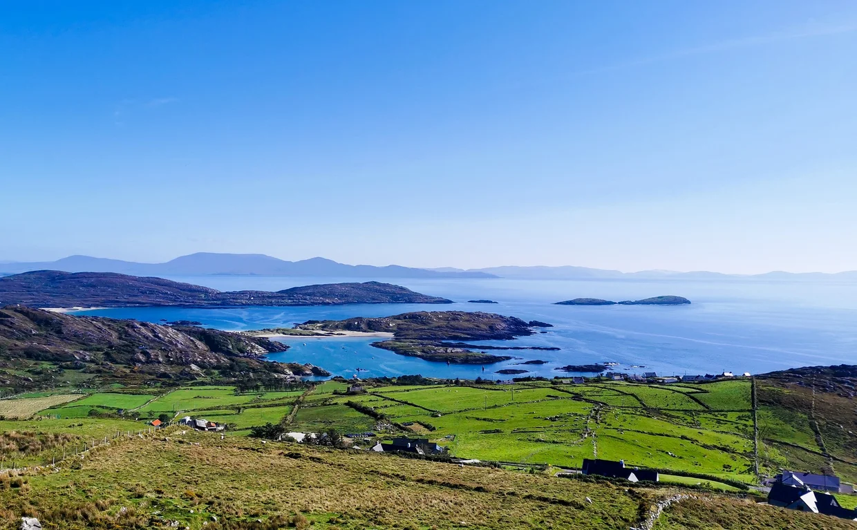 Derrynane Bay seen from above on the Ring of Kerry, white sand and rocky islets in a sheltered harbour