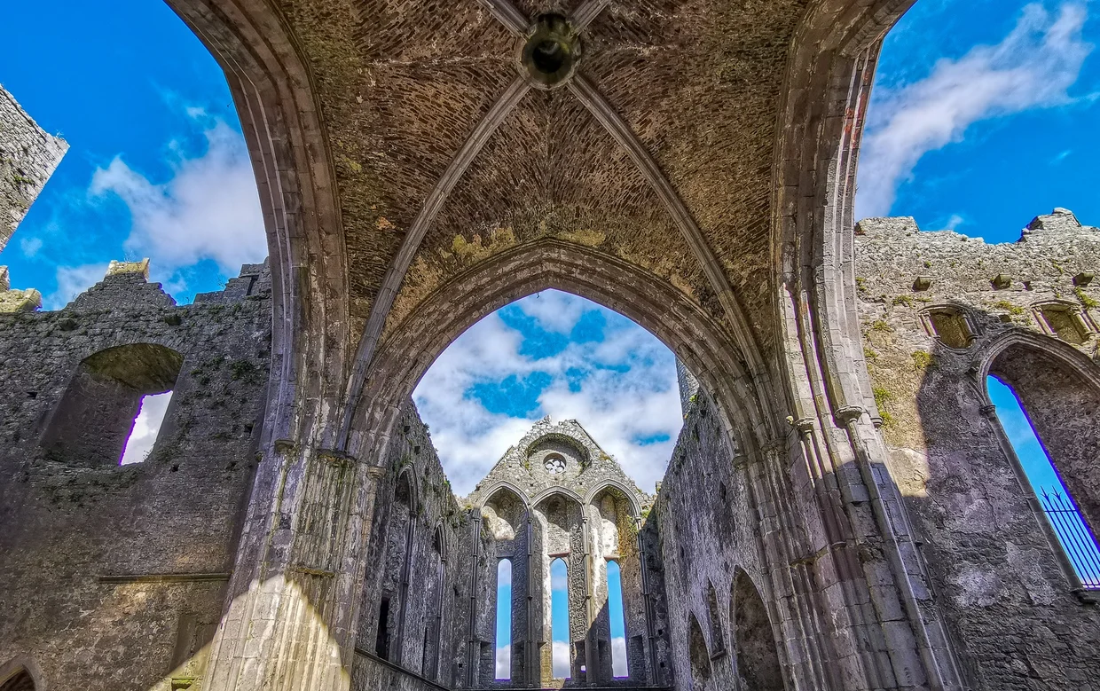 Ribbed vaulting and Gothic arches open to the sky inside the cathedral