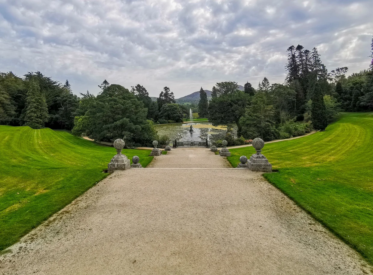 The main terrace at Powerscourt Estate leading down to the fountain with Sugarloaf Mountain behind
