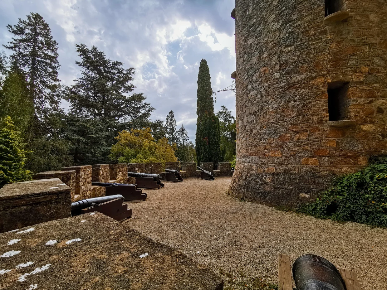 A defensive tower with old cannons on the terrace at Powerscourt Estate