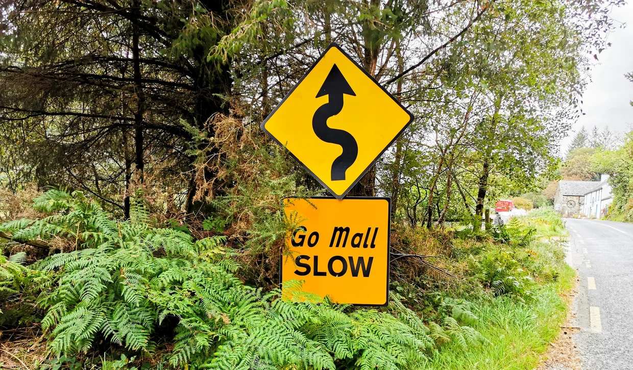 A yellow Go Mall / Slow road sign beside a narrow country road in Wicklow