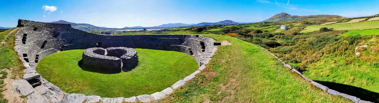Cahergall Stone Fort near Cahersiveen with massive drystone walls and a green interior