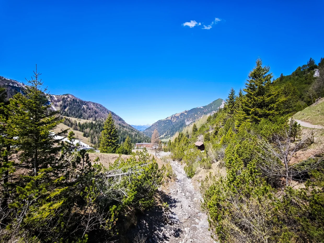 Hiking trail descending through the Saminatal valley