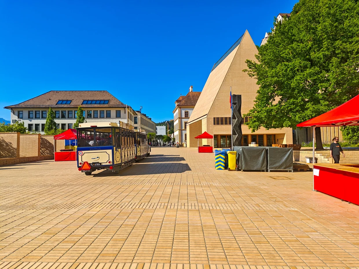 Pedestrian zone with the red tourist train