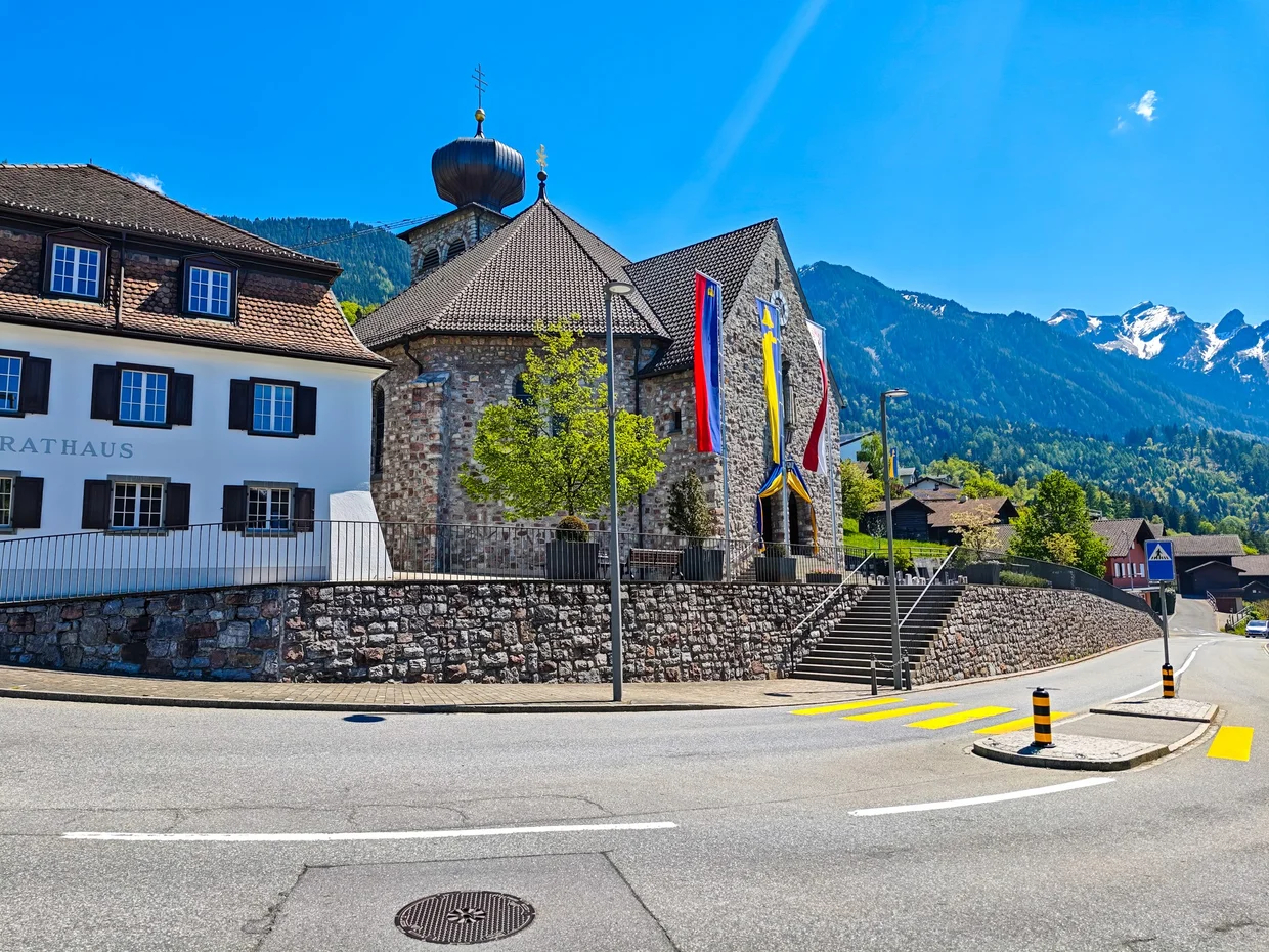 St. Joseph's Church with its onion-dome belltower next to the Rathaus