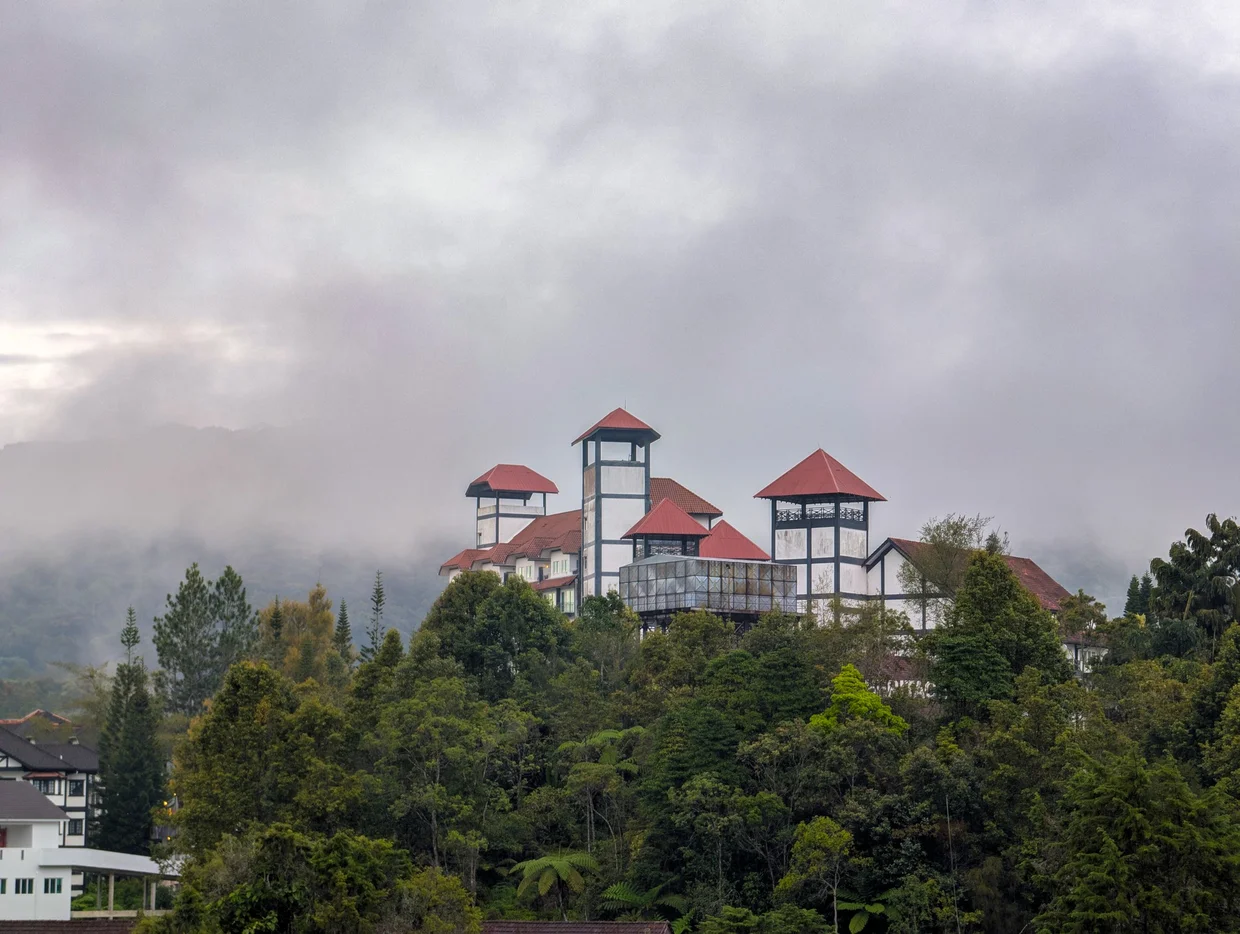 Tudor-style hotel on a foggy hilltop in Cameron Highlands
