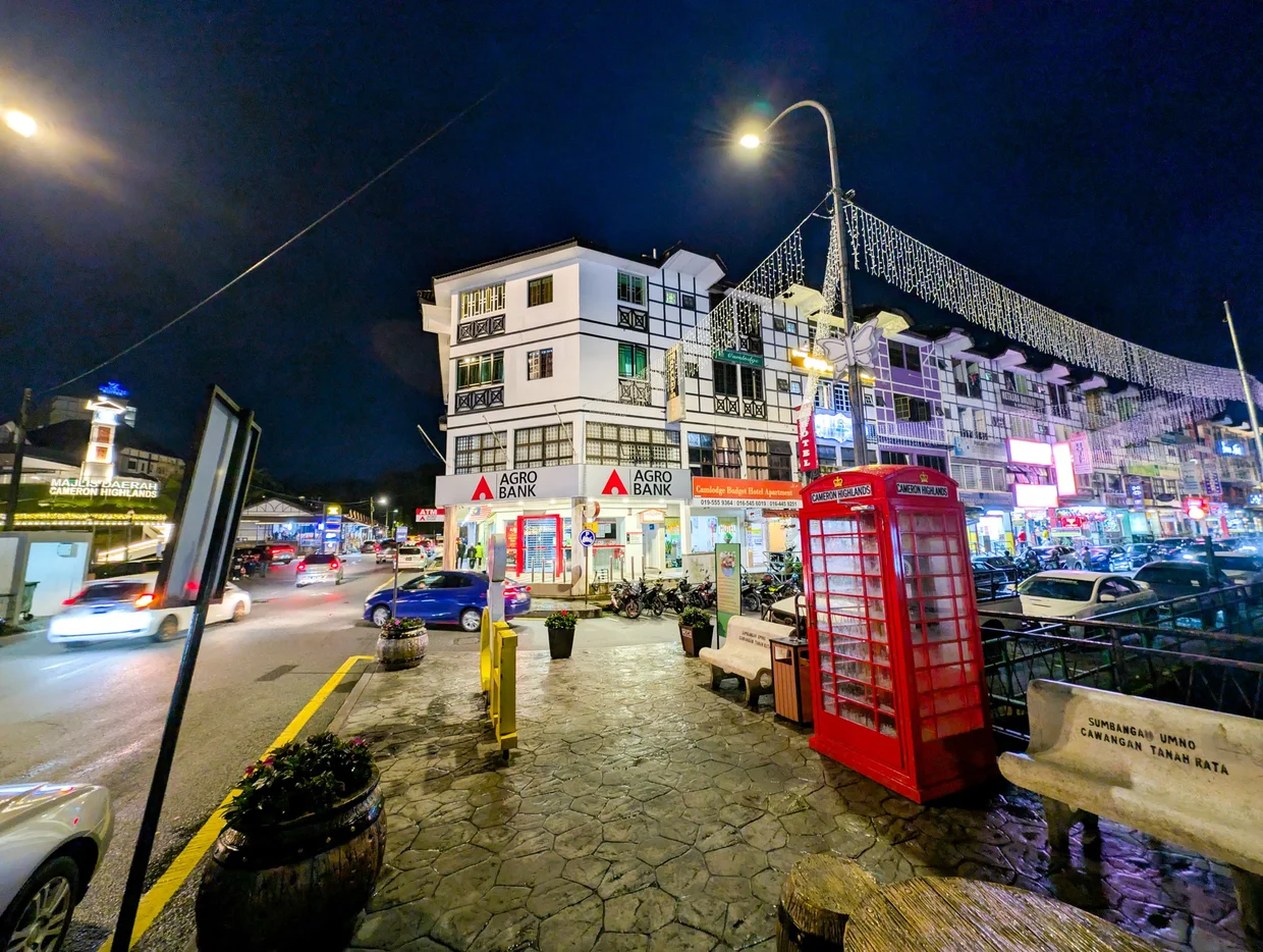 Tanah Rata Christmas lights at dusk