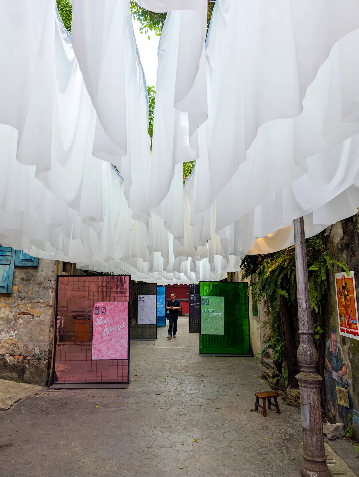 White cloth canopy installation at Kwai Chai Hong