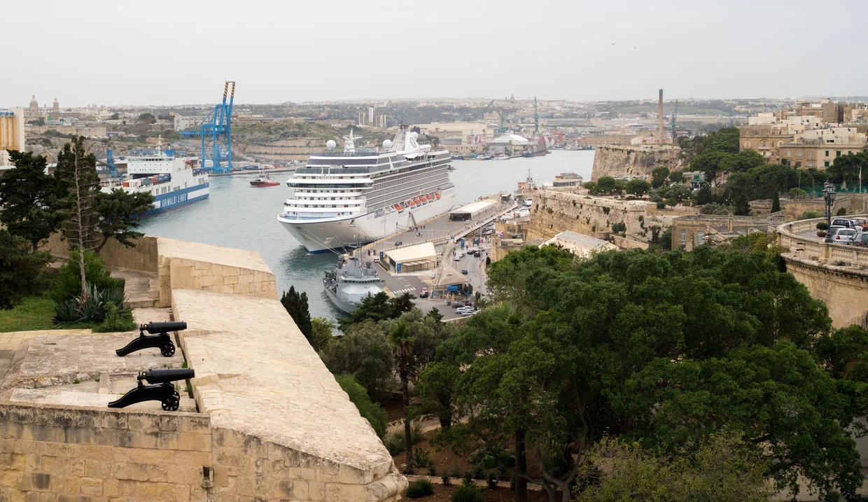 Cruise ship docked with historic cannons in foreground