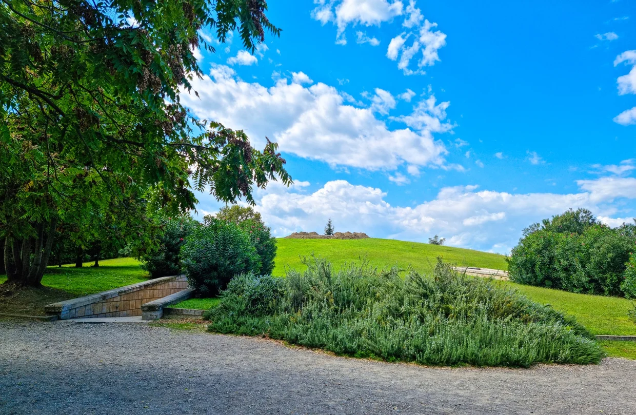 Grassy burial tumulus of Vergina rising above a quiet park