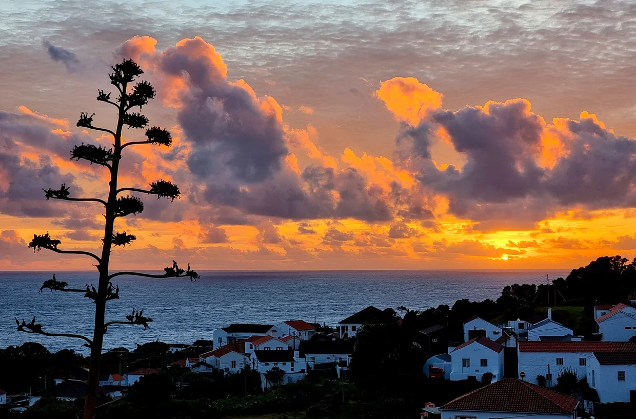 Sunset over a coastal village