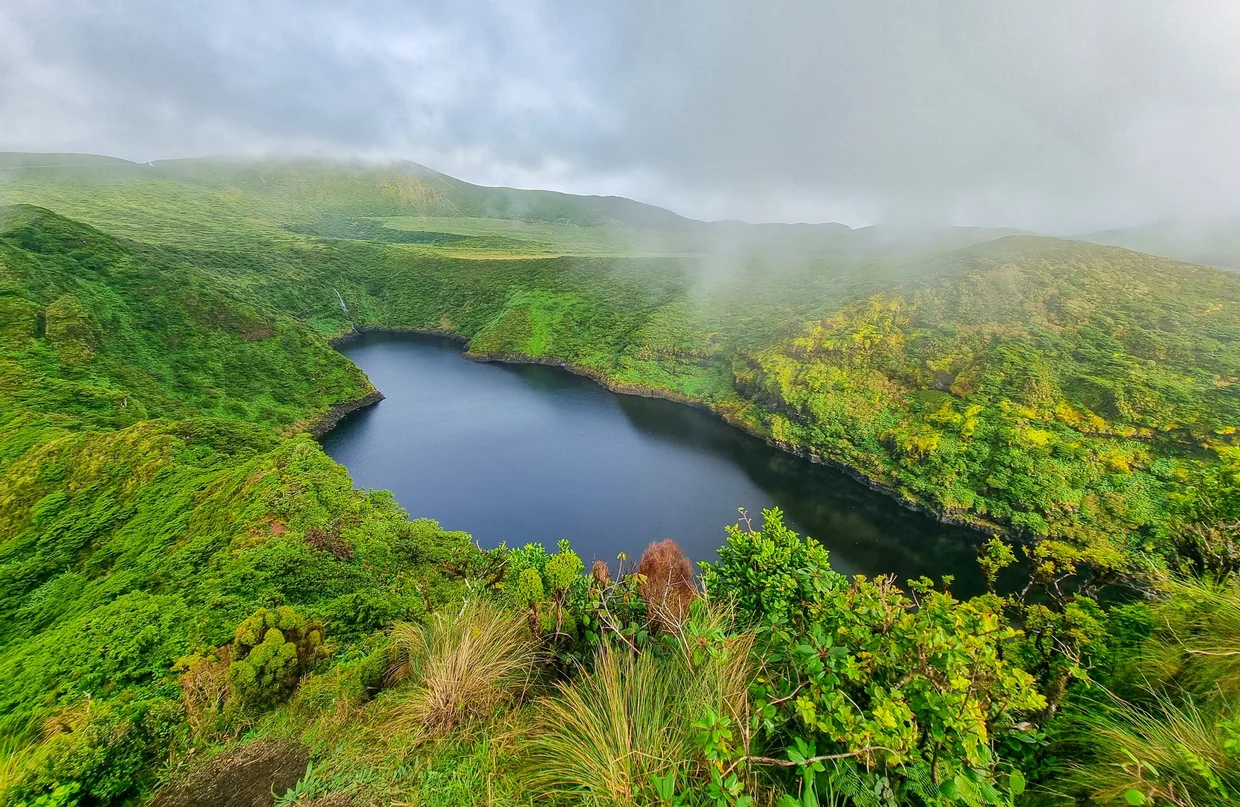 Crater lake in the mist