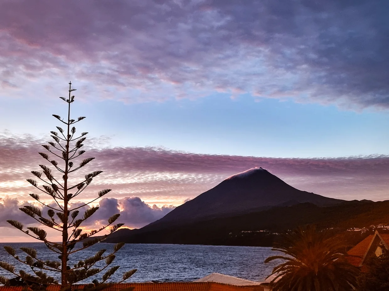 Mount Pico silhouette at dusk, seen from Faial