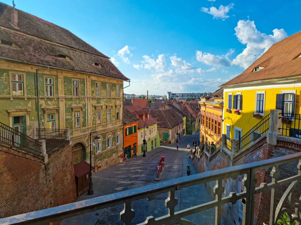 Sibiu rooftops and old town buildings in evening light