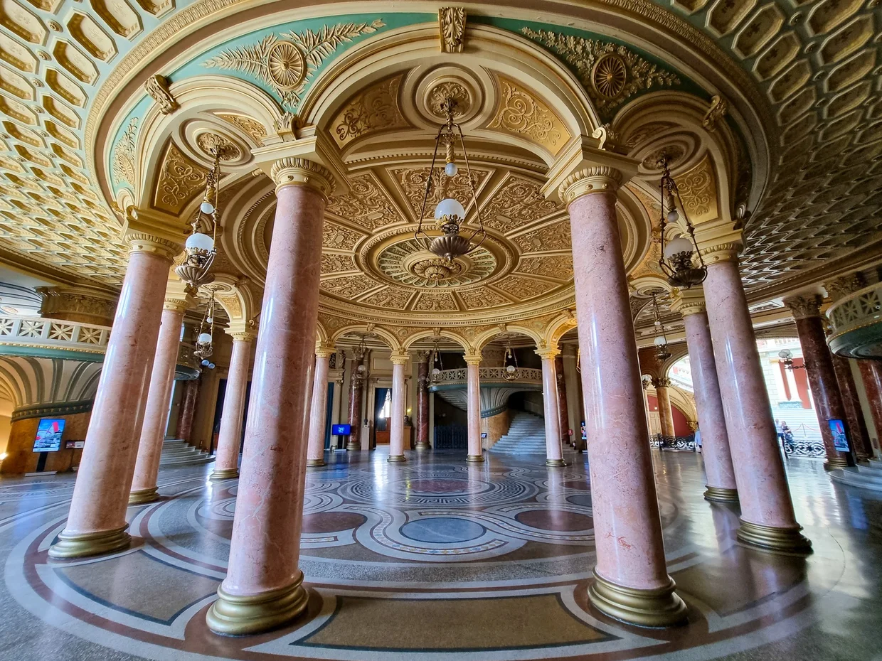 Romanian Athenaeum columns and frescoed ceiling