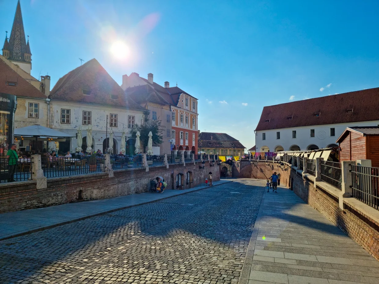Sibiu old town glowing late in the day
