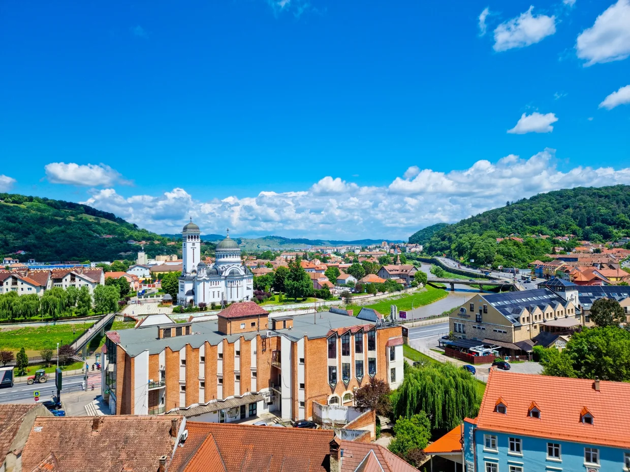 Sighișoara rooftops and hills from the citadel