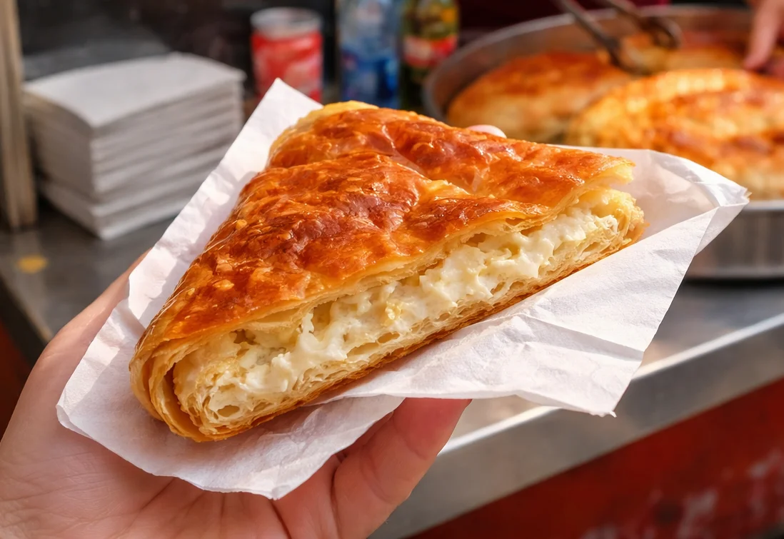 Sirov burek — flaky pastry with hot quark cheese filling