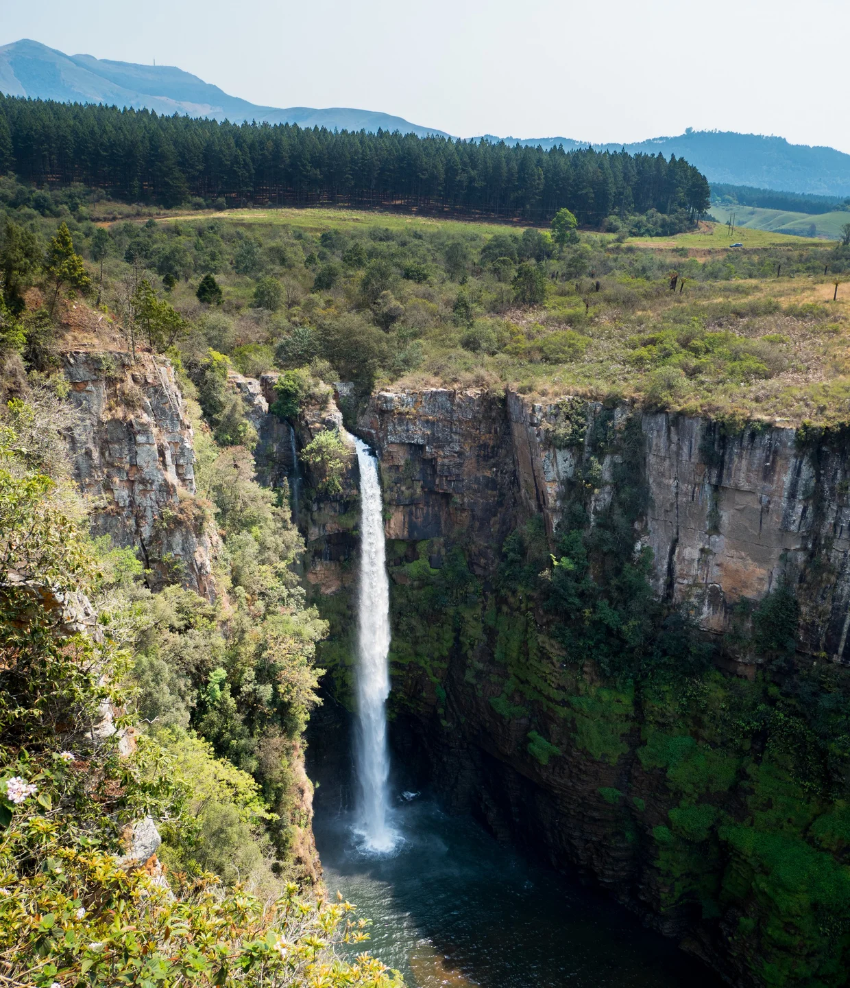 A tall waterfall plunging into a deep canyon along the Panorama Route