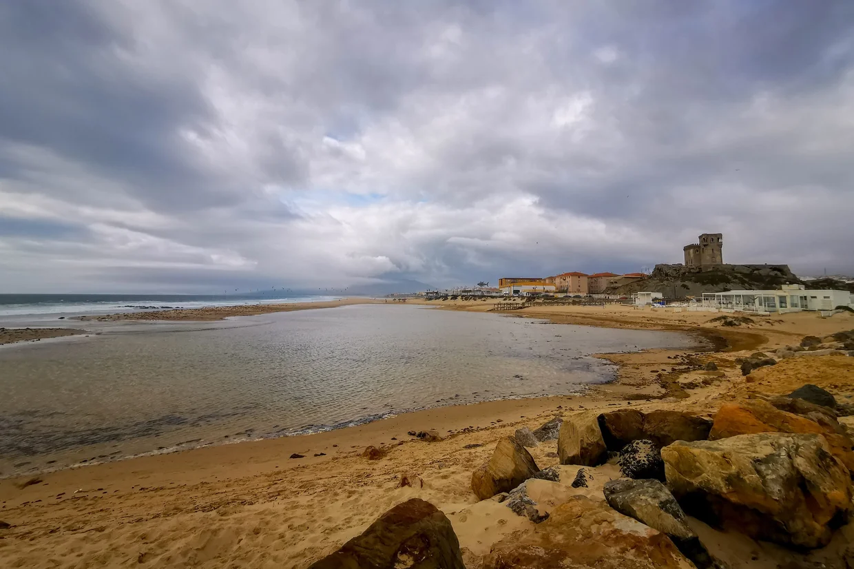 Beach with castle tower near Tarifa