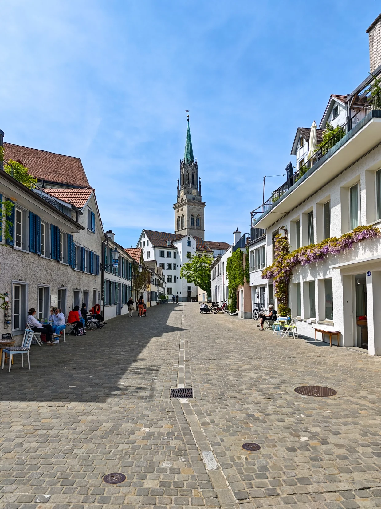 Cobbled lane ending at the church spire