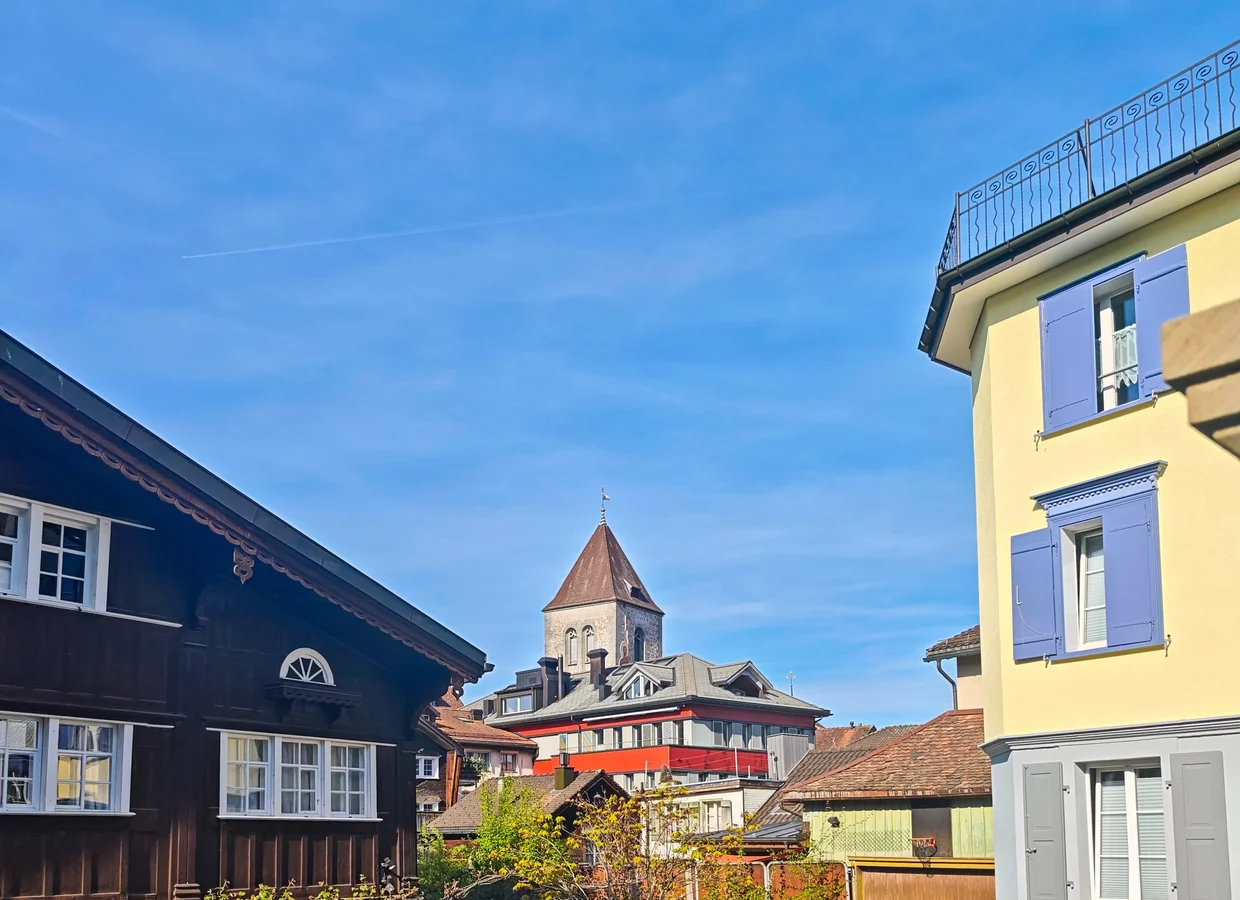 Onion-domed church spire rising between Appenzell roofs