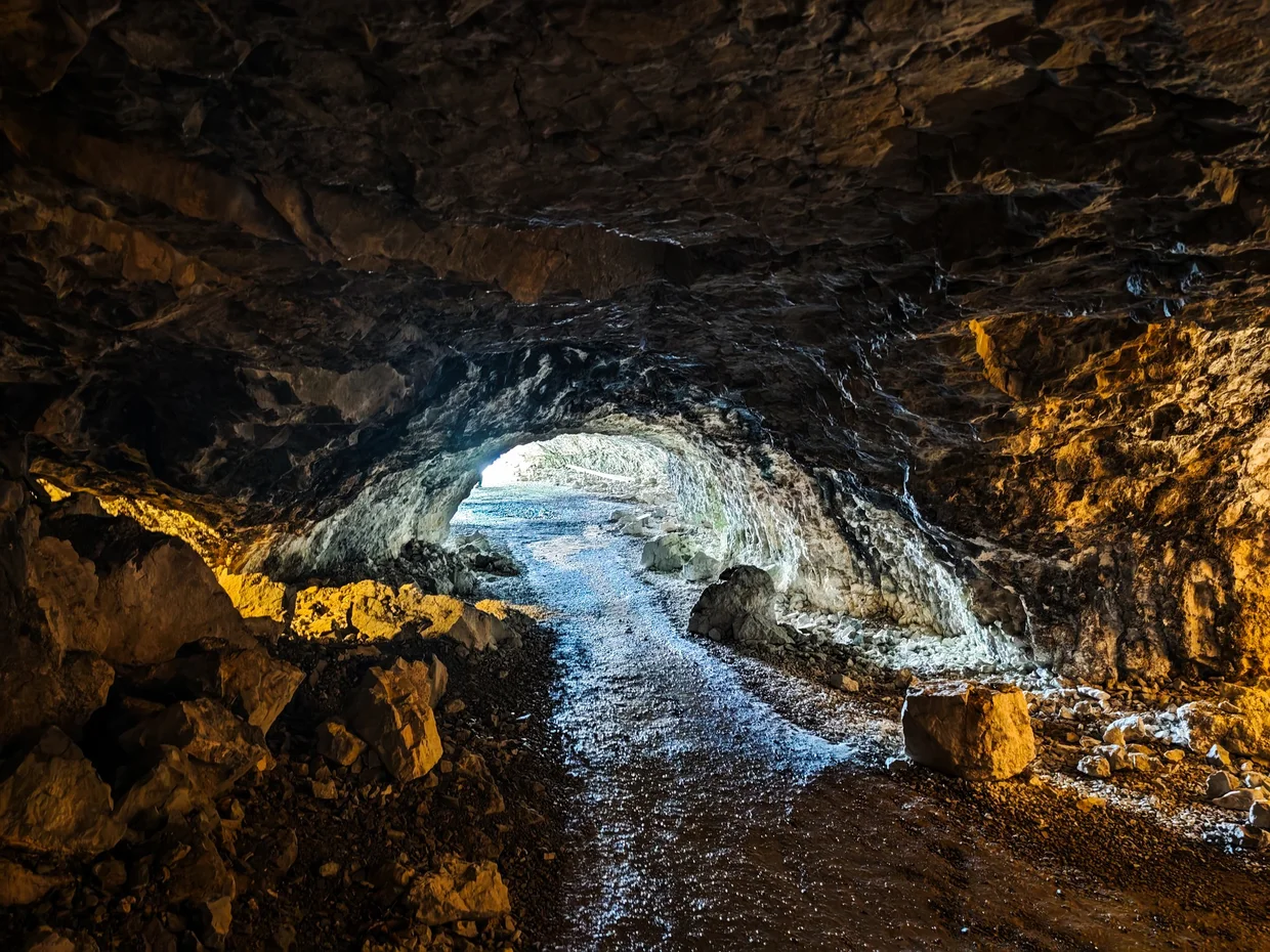 Inside the Wildkirchli cave looking out toward the daylight