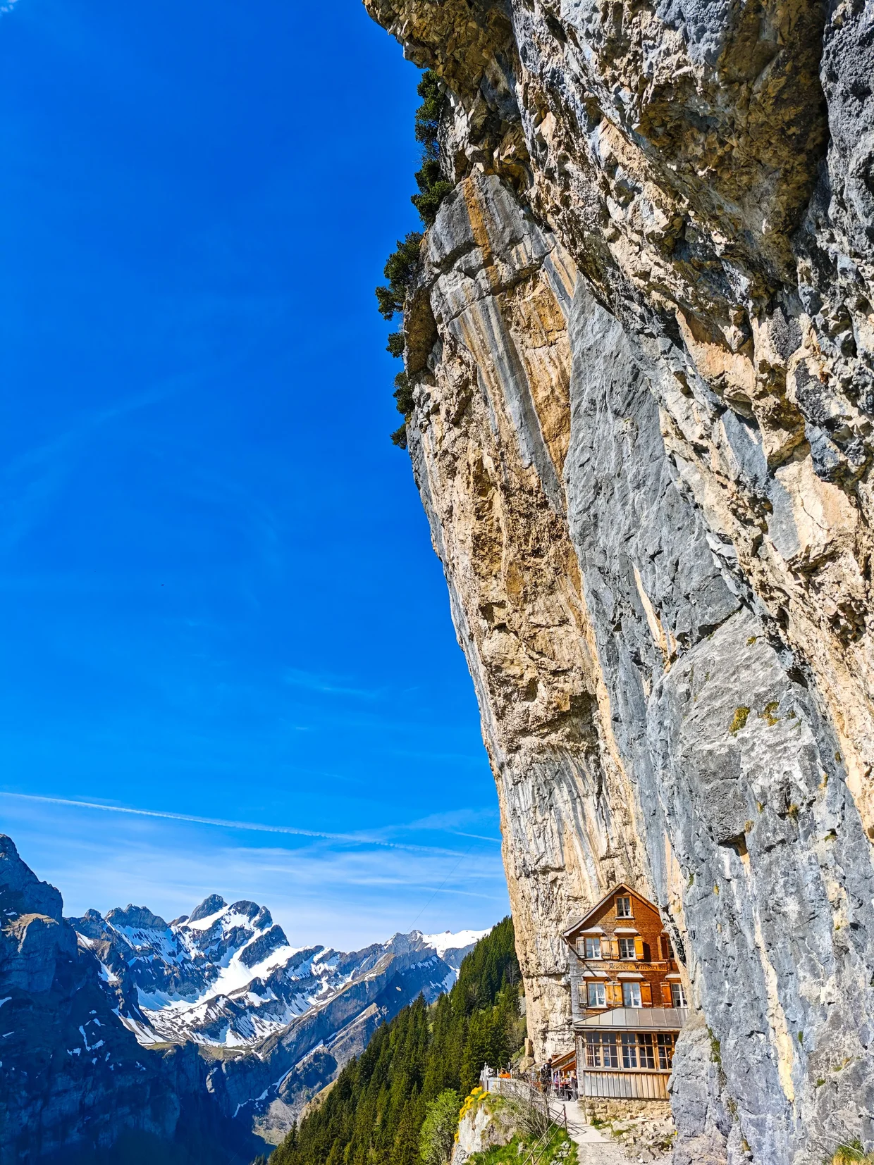 Berggasthaus Aescher tucked under a colossal limestone overhang