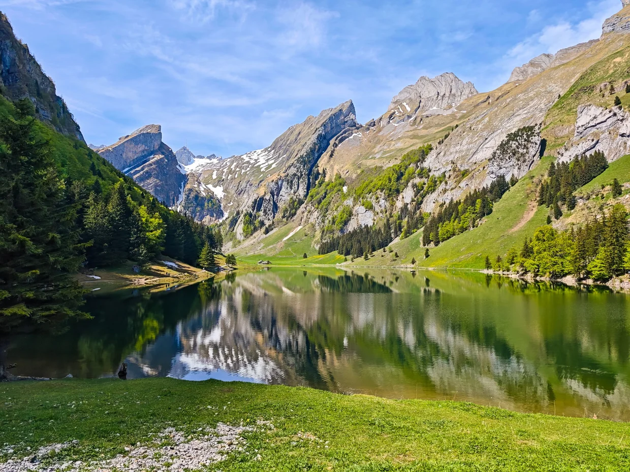 Seealpsee from the grassy north shore, peaks rising straight from the far bank