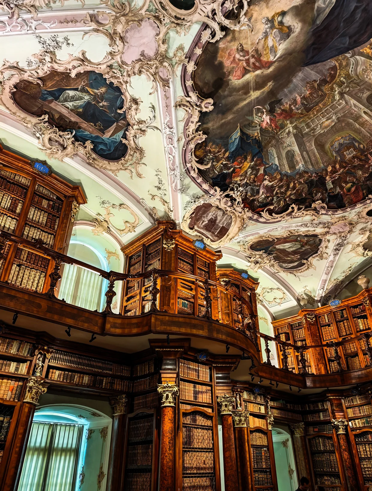 Wooden gallery and frescoed ceiling, library hall corner