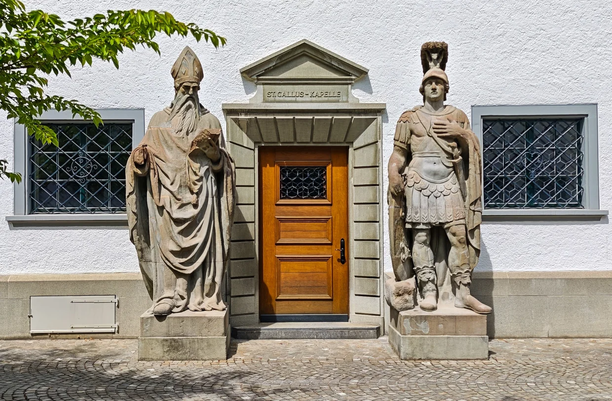 St. Gallus chapel doorway flanked by two stone statues